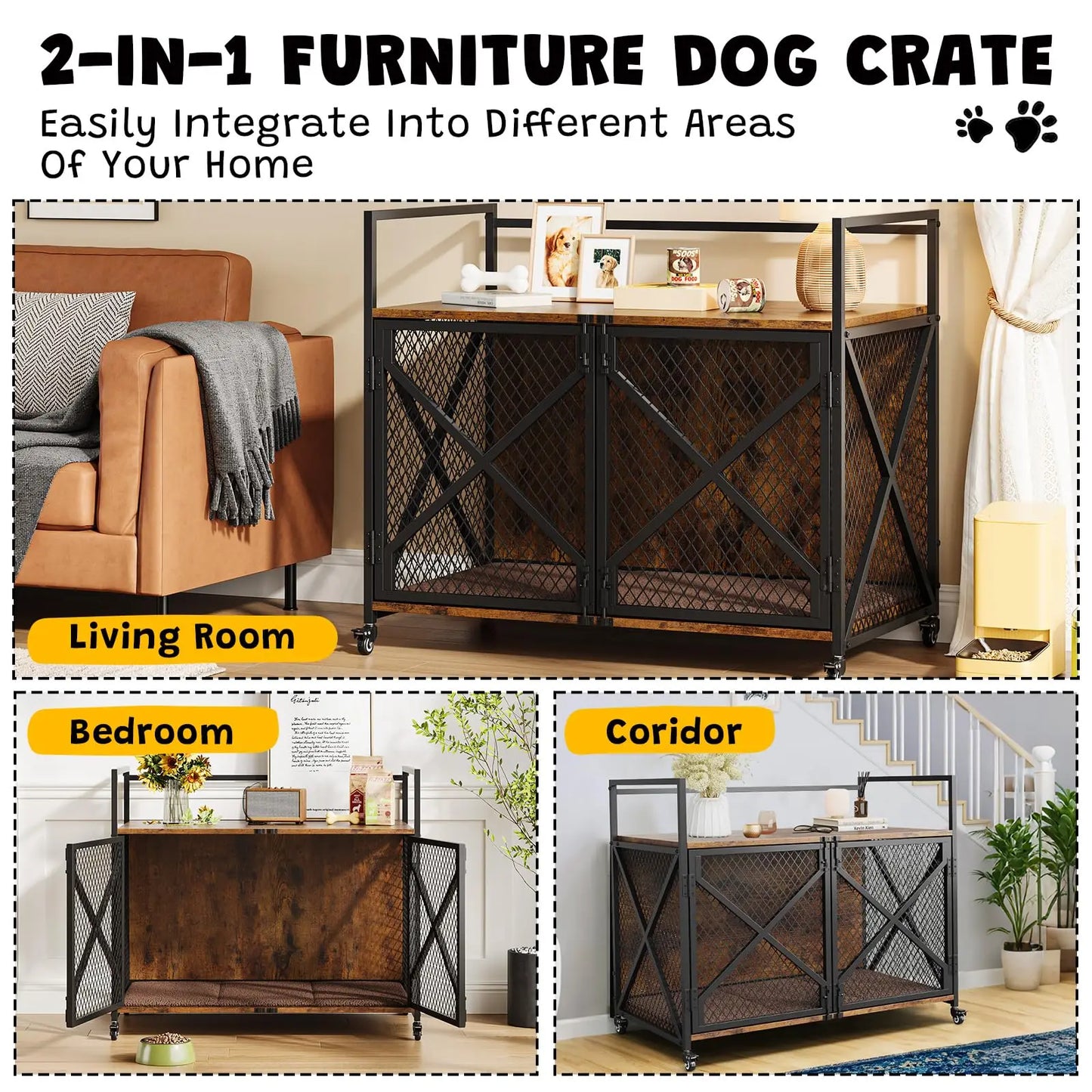31/41Inch Dog Crate,Farmhouse Dog Kennnel Furniture with 360° Wheels,4 Latches,Large Heavy Duty Dog Cage End Table for Living Ro