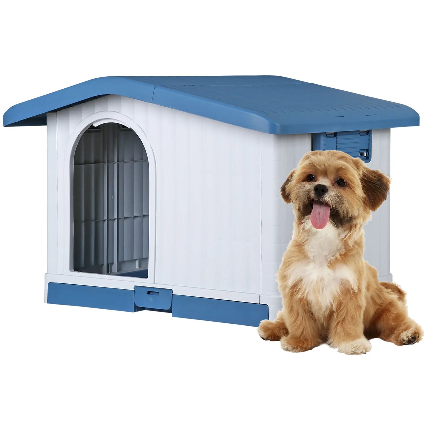 Large Plastic Dog House Puppy Shelter with Liftable Roof & Detachable Base Blue