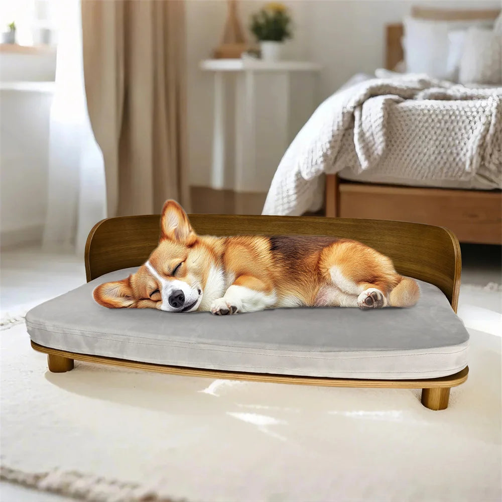 Elevated Dog Bed Pet Kitten Cat Sofa Bed for Small Dogs with Solid Wood Legs and Bent Wood Backrest Removable Washable Cover