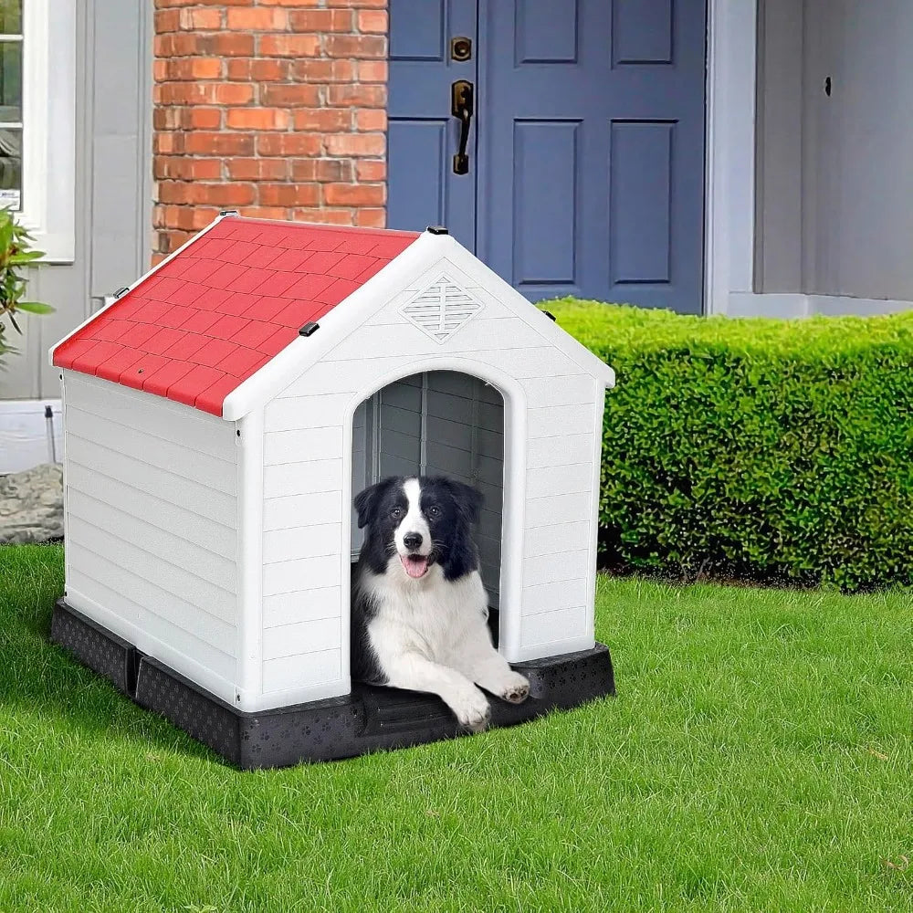 Large Plastic Dog House - Waterproof Dog Kennel with Air Vents and Elevated Floor All Weather Indoor Outdoor Insulated Doghouse