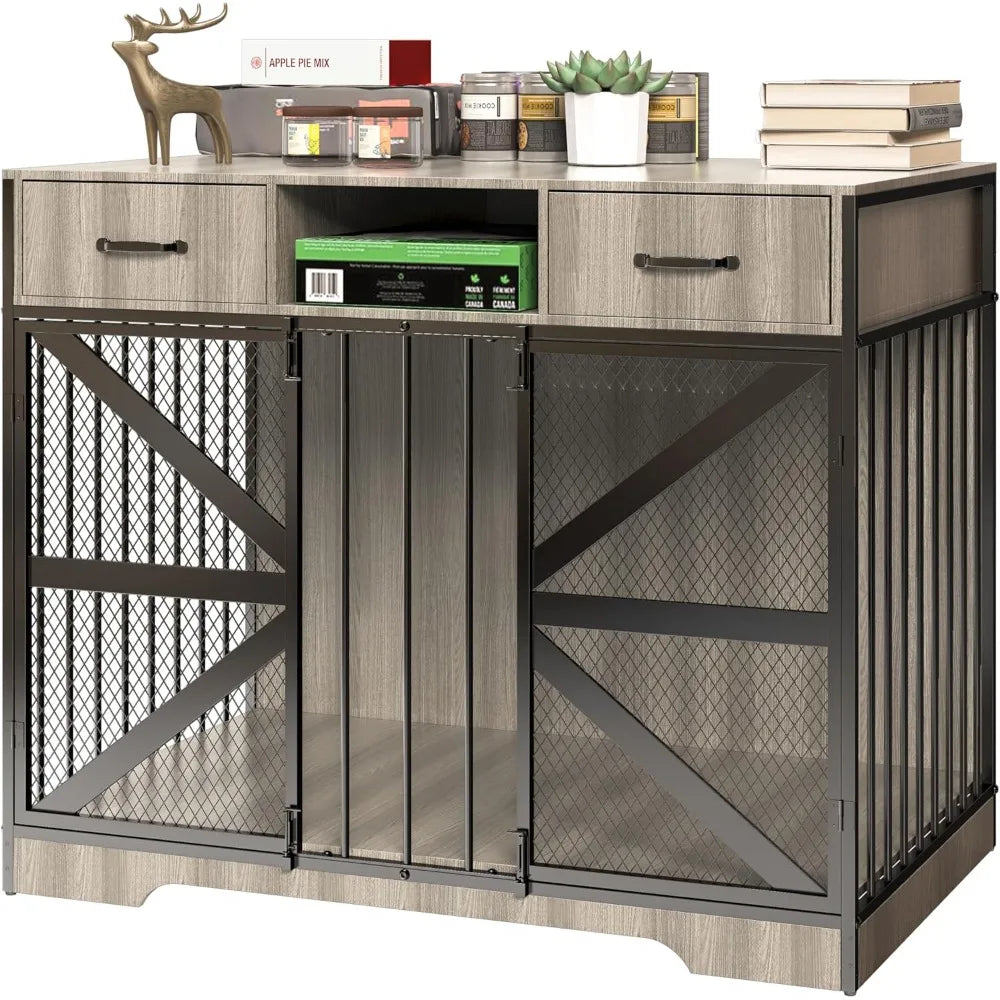 Dog Crate Furniture, Dog Kennel Furniture for Large Dogs Indoor, Heavy Duty Wooden Dog Crate TV Stand with 2 Drawers, 44" Metal
