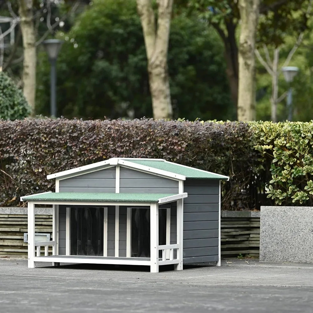 47.2'' Large Wooden Dog House Outdoor, Outdoor & Indoor Dog Crate, Cabin Style, with Porch, 2 Doors, Gray and Green