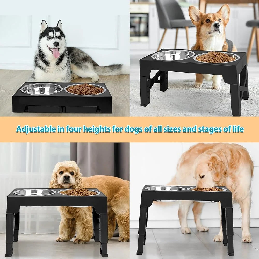 Elevated Dog Bowls with Adjustable Stand 5 Heights Includes 2 Stainless Steel Bowls Anti-slip Easy Clean Feeding Station