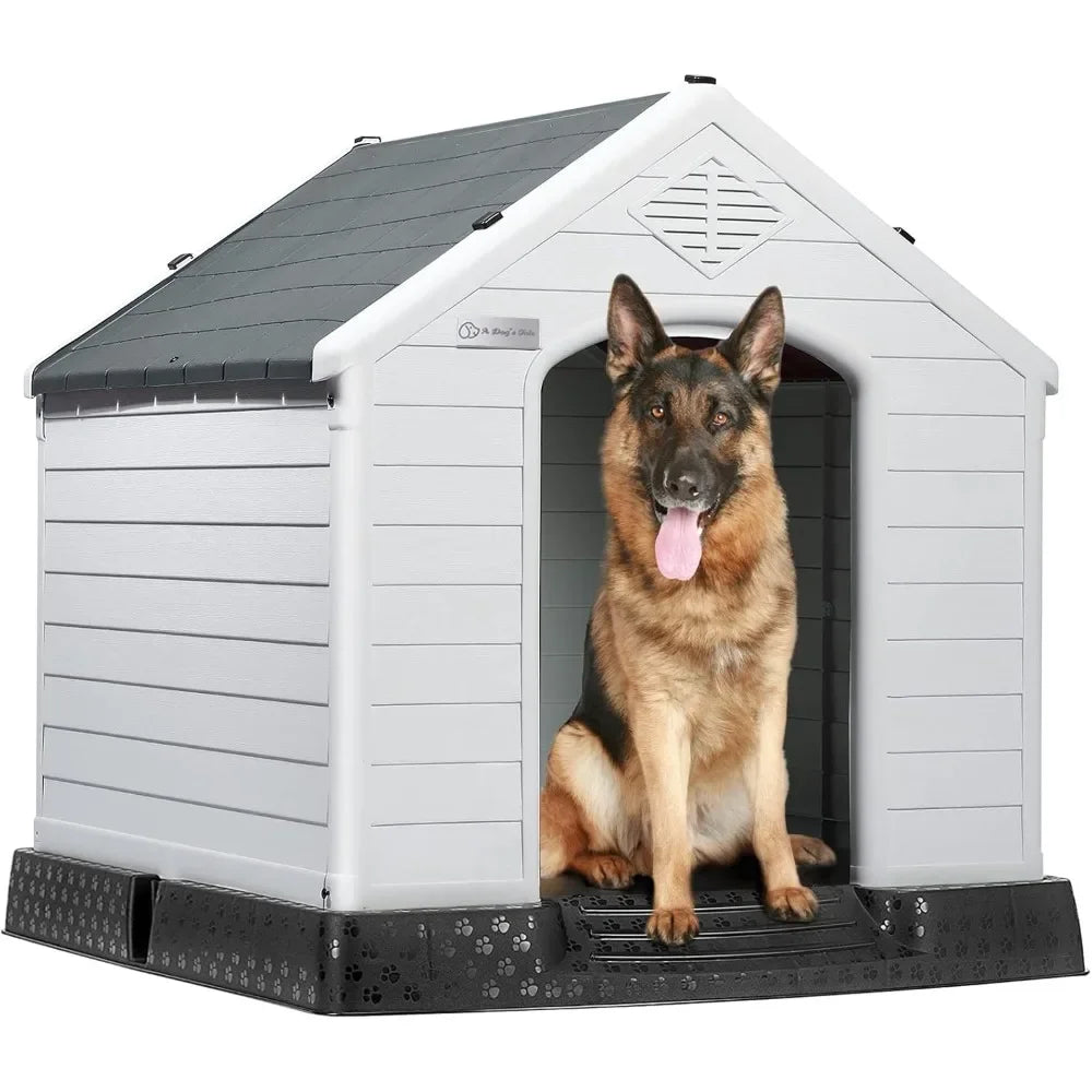 Durable Waterproof Plastic Dog House for Small to Large Sized Dogs, Indoor Outdoor Doghouse Puppy Shelter with Elevated Floor