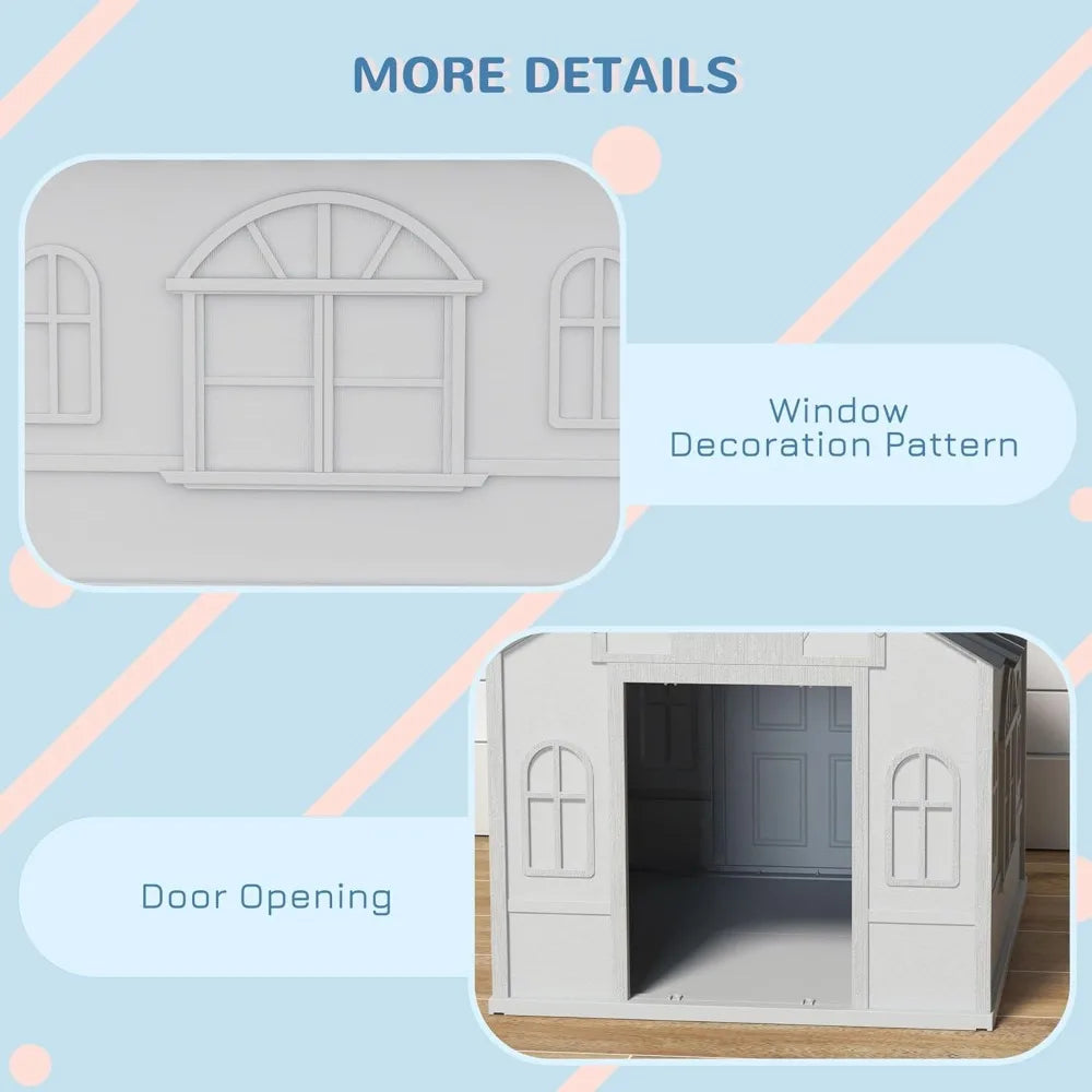 Plastic Dog House, Water Resistant Puppy Shelter Indoor Outdoor with Door, Easy to Assemble, for Medium and Small Dogs, Gray
