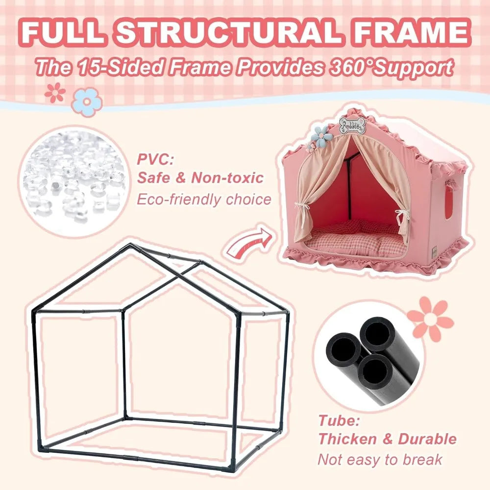 Indoor Dog House with Frame, Cute Dog Tent Bed with Cover Cave, Breathable, Washable, and Foldable House, Suitable for 20-40 Lb