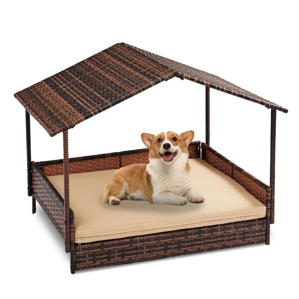 Elevated Rattan Dog Bed with Canopy and Washable Cushion Cover,for Small Medium Dogs Cats, Indoor Outdoor Raised Pet House