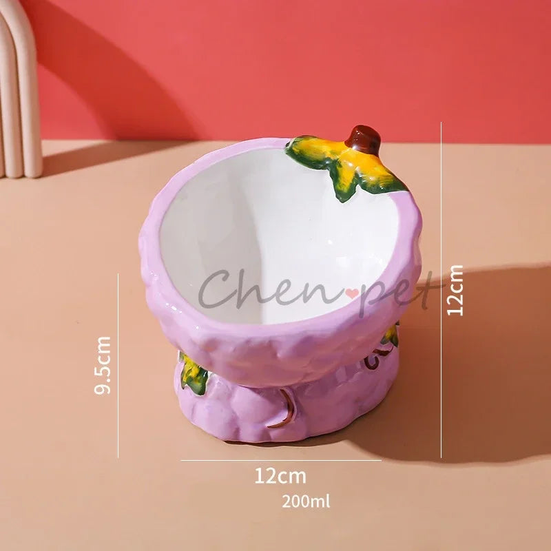 Food Bowl Foot Protection Fruit Food Ceramic Cat Cat Cat Hand-painted Mouth Series Neck Oblique Bowl Pet Bowl High