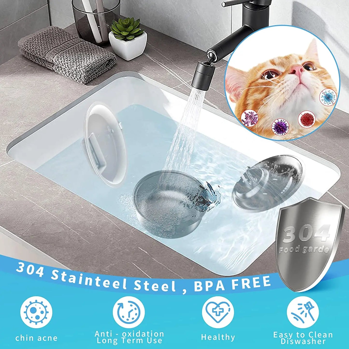 Pet Automatic Water Fountain 3.4L Large Capacity Stainless Steel Pet Water Dispenser Double Filtration System Washable US plug