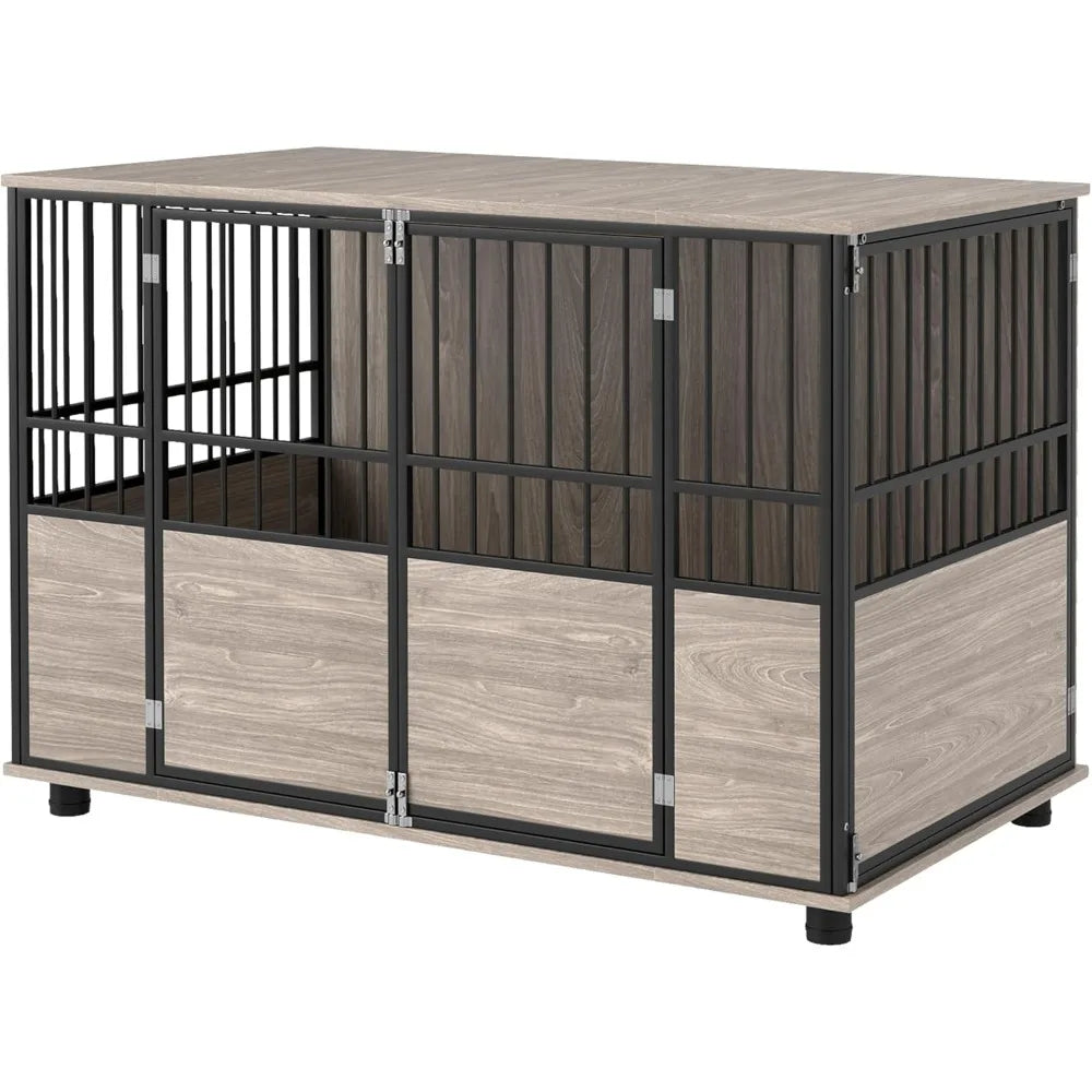 Dog Crate Furniture, 46" Wooden Dog Kennel Furniture, Dog Crate Table with Double Doors for Small To Large, Walnut Wood Finish