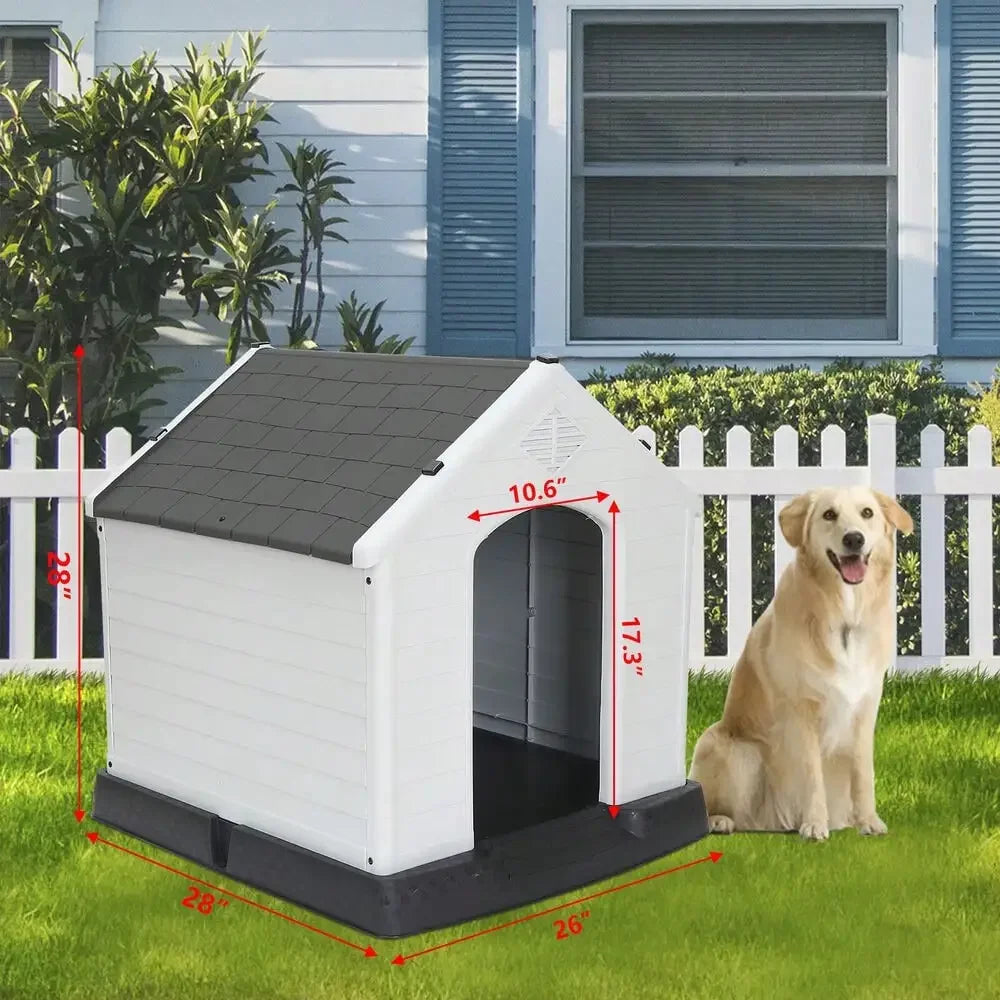 28"H Plastic Dog House Indoor Outdoor Dog Kennel Puppy Shelter w/Air Vents Gray