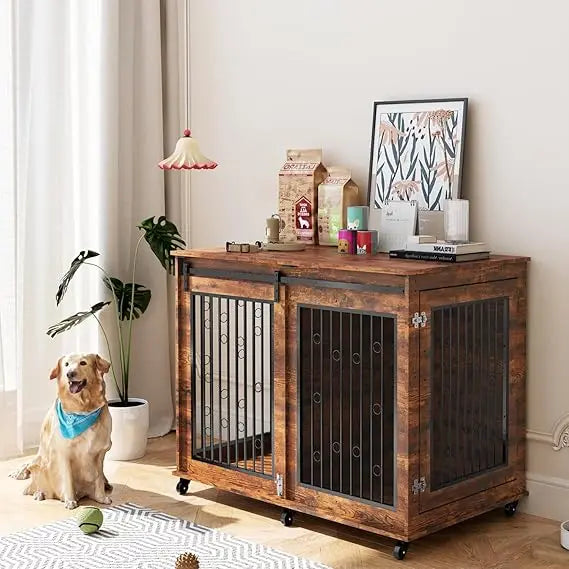 Large Dog Crate Furniture, 47" Wooden Dog Kennel with Sliding Barn Door, Flip-Top Lid & Wheels, Indoor Pet Crate Table with Det
