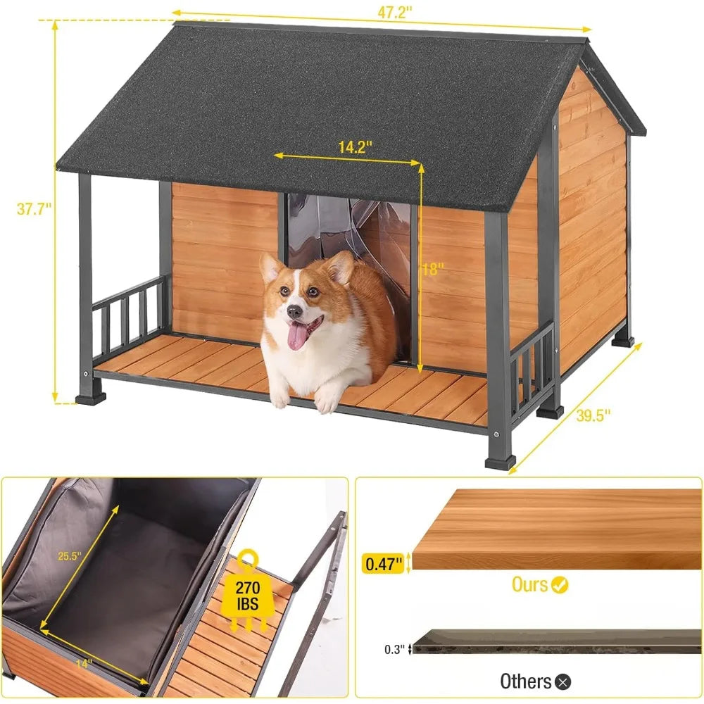 Dog House Outdoor Insulated Large Puppy Kennel with Metal Frame 47.2" L for Medium to Large Dogs Weatherproof with Removable Fl