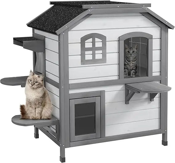 2-Story Cat House Outdoor, Weatherproof Wooden Cat Enclosure for Feral Cats with Escape Door, Openable Roof, Jumping Platforms,