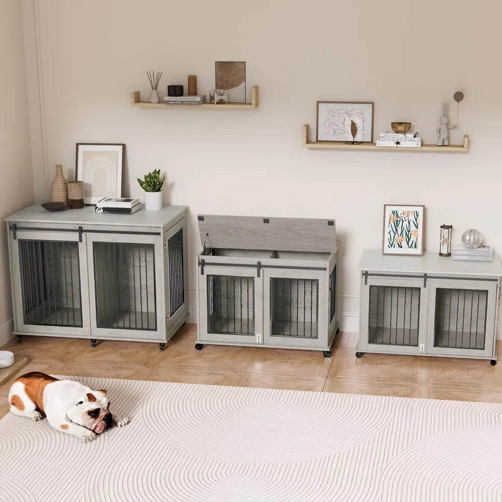 Large Dog Crate Furniture, 47" Wooden Dog Kennel with Sliding Barn Door, Flip-Top Lid & Wheels, Indoor Pet Crate Table with Det