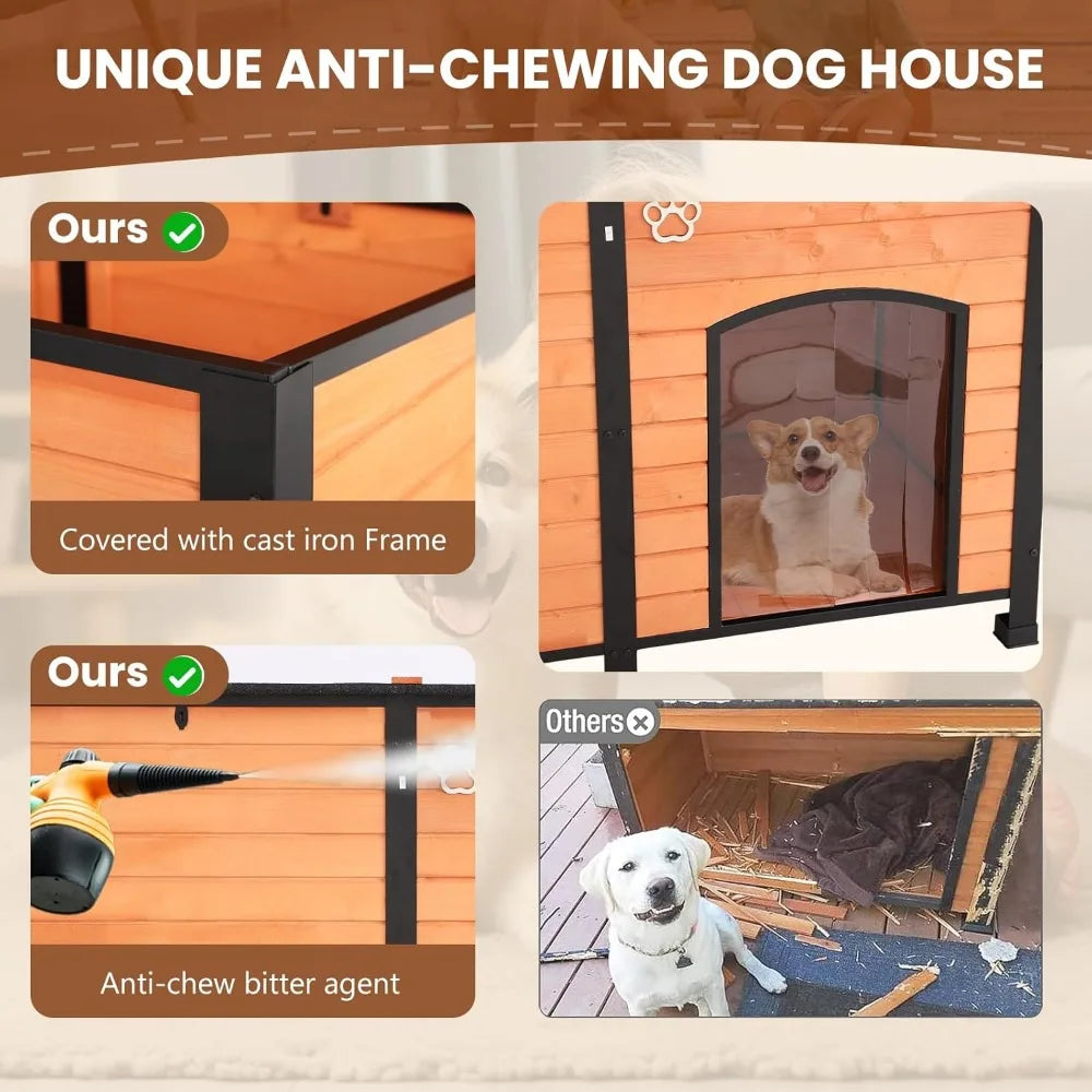 Outdoor Dog House, 55” Extra Large Wooden Dog House with Anti Bite Iron Frame Weatherproof Finish Outside Paw Print Dog House fo