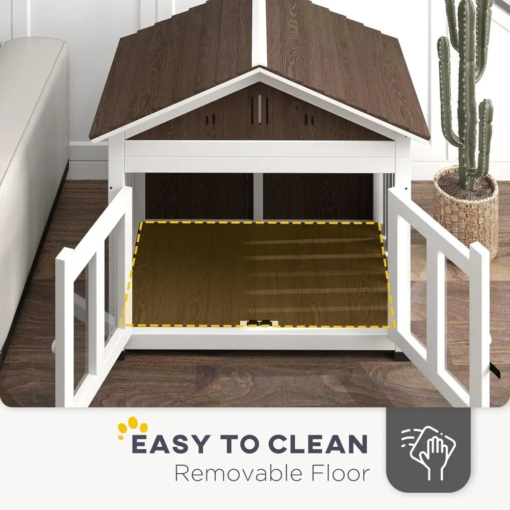 40" Wooden Dog House - Indoor/Outdoor Kennel w/Air Vents & Removable Floor