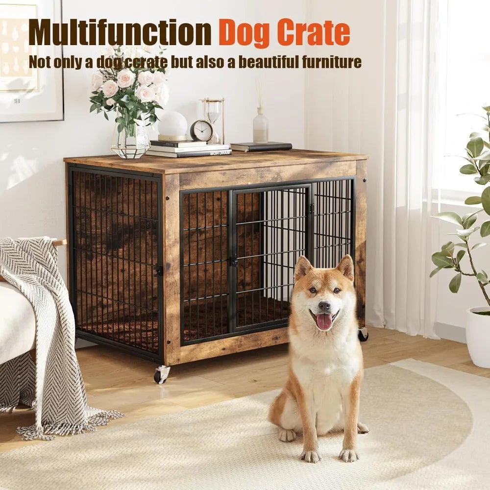 32 Inch Dog Crate Furniture with Cushion, Wooden Double Doors Kennel Cage Indoor with Wheels, Pet House Decorative Side