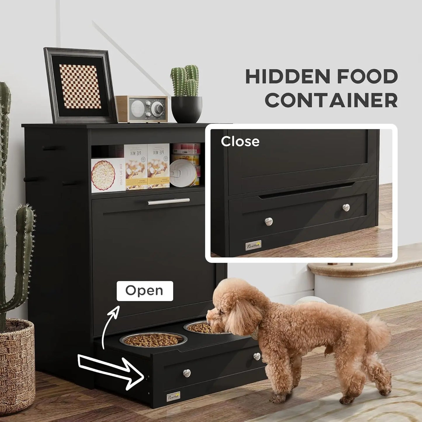 Dog Feeding Station, Dog Food Storage Pet Feeder Cabinet Container with Dog Raised Bowls and Hanger for Feeding