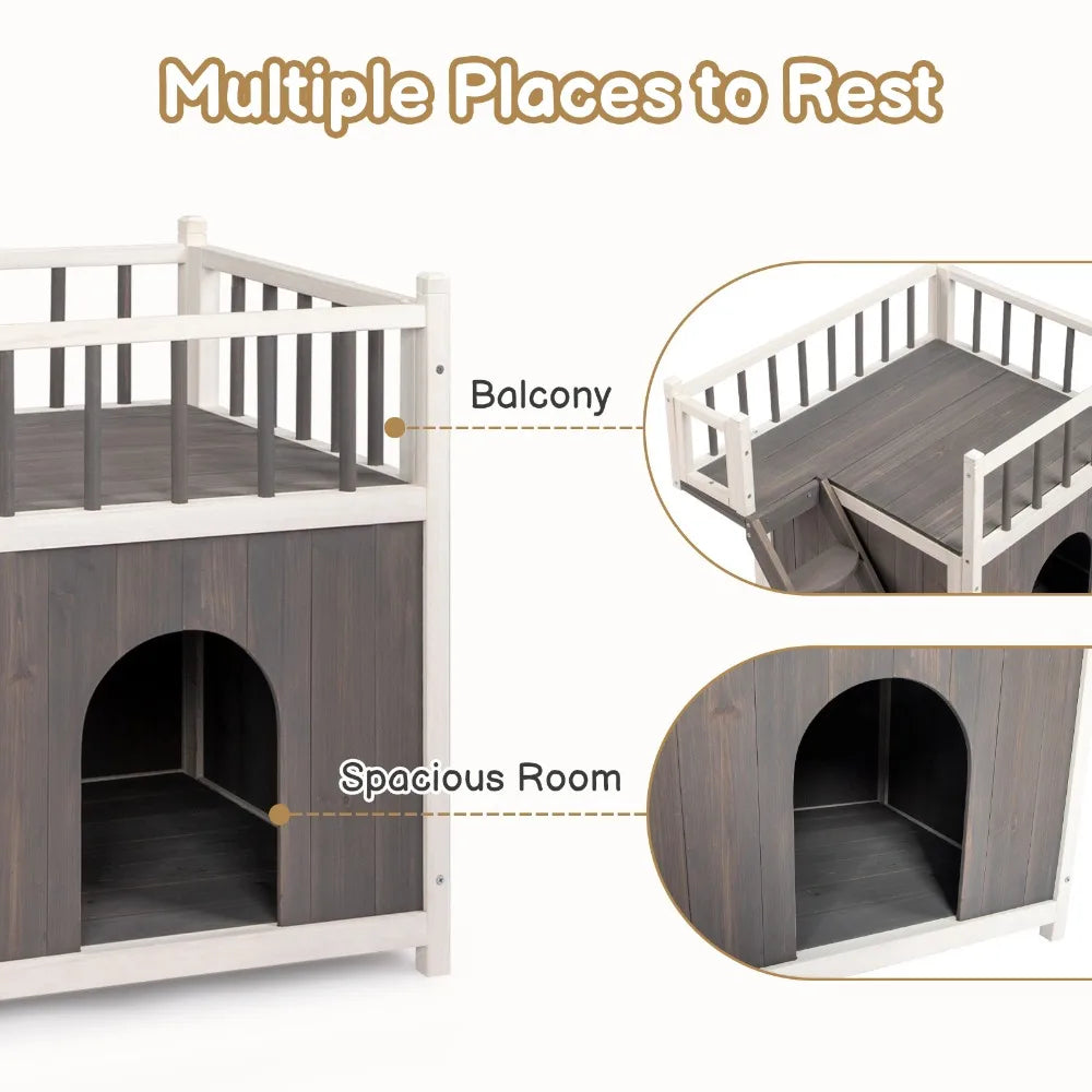 2-Story Wooden Feral Cat House Dog House for Outdoor and Indoor,with Stairs, Grey & White Pet House