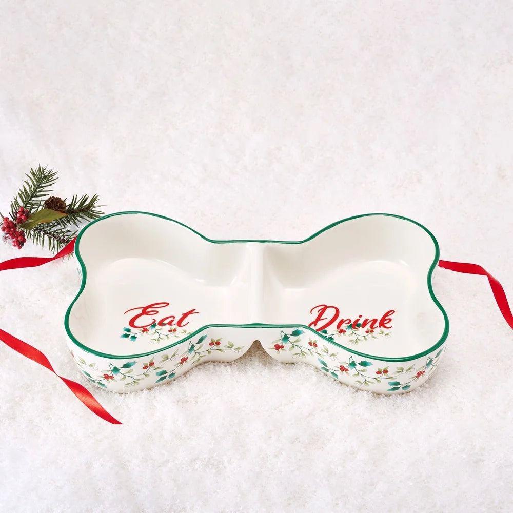 Winterberry Dolomite Divided Pet Bowl Festive Bone Design Dogs Eat Drink Compartments Durable Gift Box Easy Care 14oz Capacity