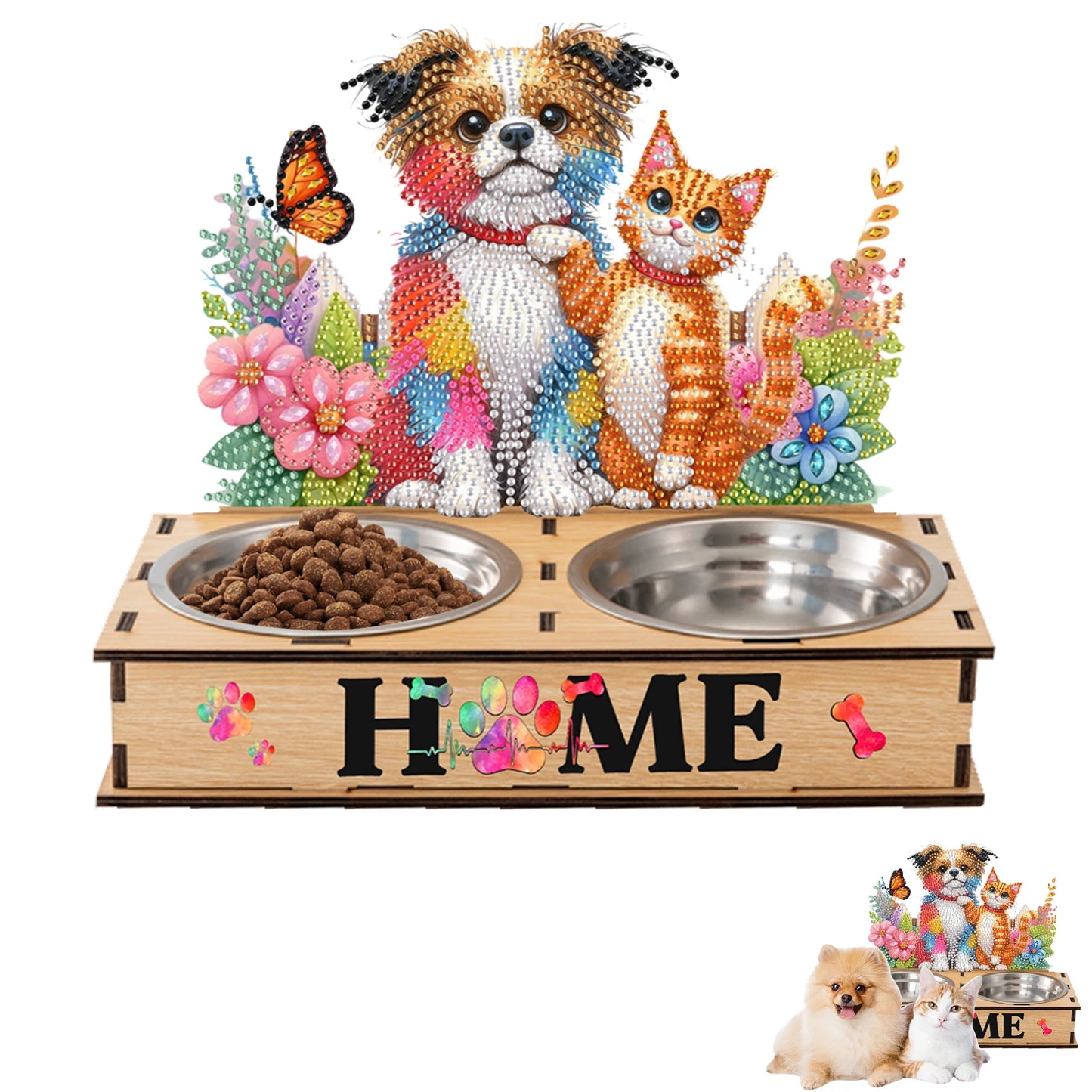 5D DIY Diamond Painting Water Feeder Diamond Painting Pet Feeder Making Kit Rhinestones Stainless Steel Pet Bowl for Cats Dogs