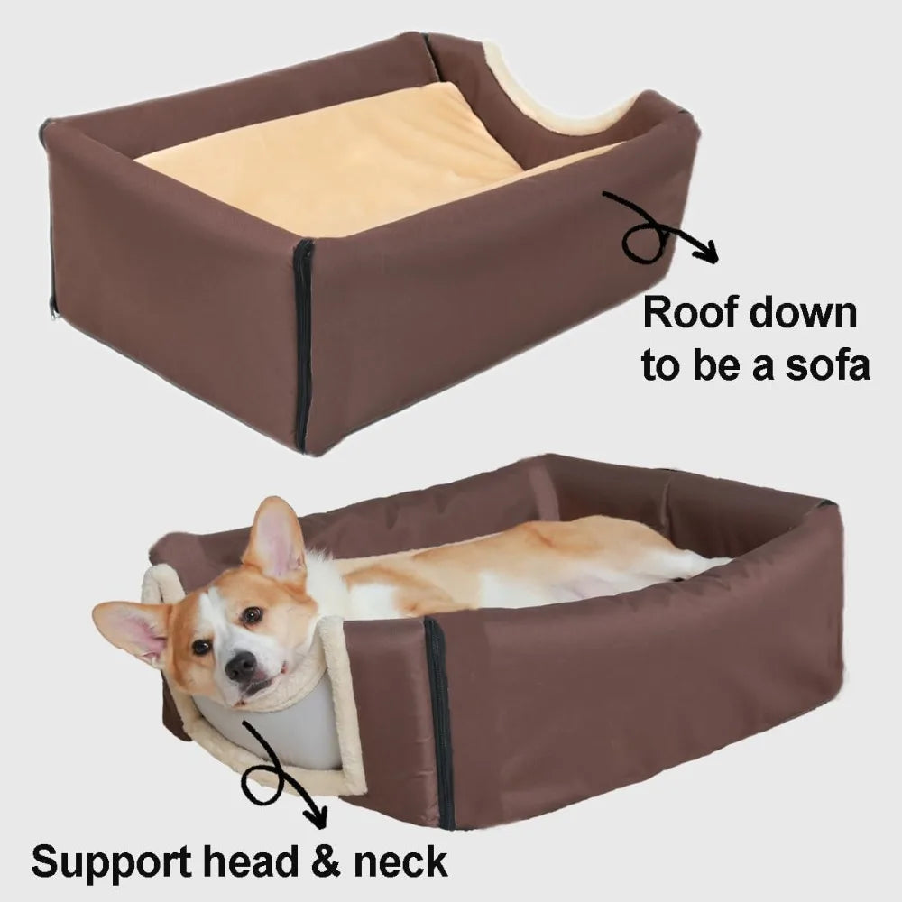 Medium Igloo Dog House Indoor,XL Size Dog Cave for Medium and Large Dogs,2-in-1 Washable Covered Dog Bed,Brown