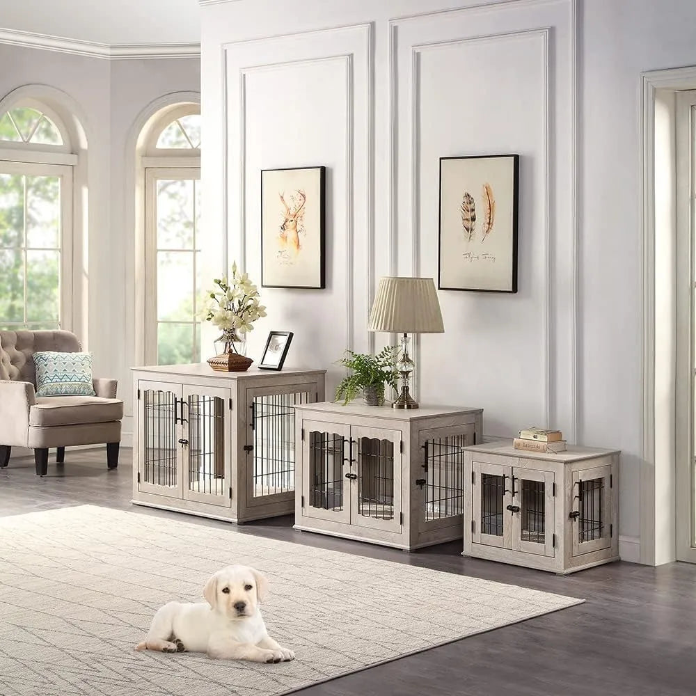 Furniture Style Dog Crate End Table, Double Doors Wooden Wire Dog Kennel with Pet Bed, Pet Crate Dog House Indoor Medium Large