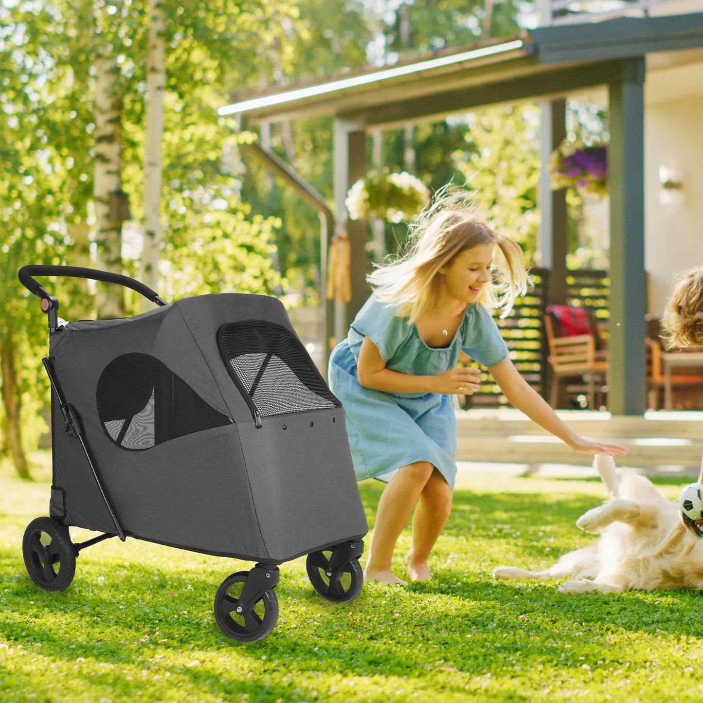 Pet Stroller Universal Wheel Ventilated Oxford Fabric for Medium Size Dogs Two Front Wheels Rotate 360° , Safety