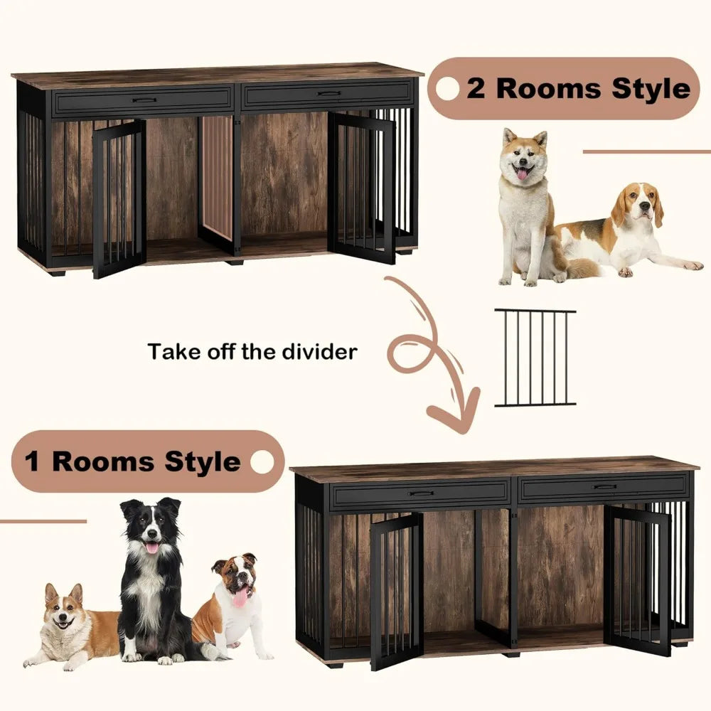 Large Dog Crate Furniture for 2 Dogs, 72.5" Indoor Heavy Duty Wooden Large Dog Kennel with Drawers & Divider, Indoor Furniture