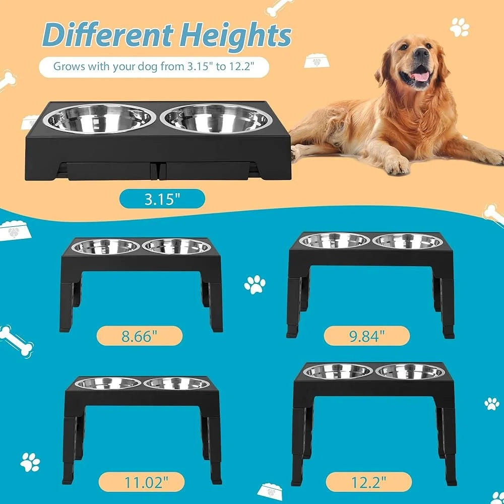 Elevated Dog Bowls with Adjustable Stand 5 Heights Includes 2 Stainless Steel Bowls Anti-slip Easy Clean Feeding Station