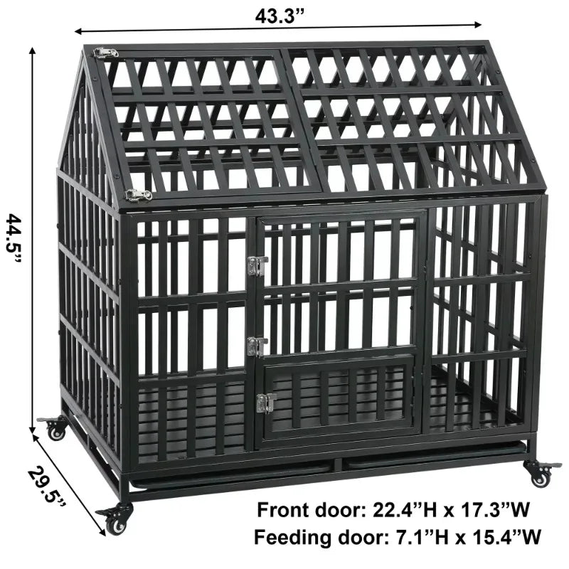 Heavy Duty Dog Cage with Roof Rust-Resistant Steel Locking Casters Feeding Door Ideal for Medium & Large Dogs Dog House Kennel