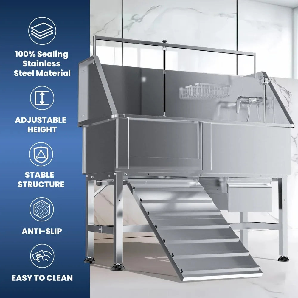 46" Dog Washing Station, Professional Stainless Steel Dog Bathtub w/Ramp & Storage Drawer, Adjustable Grate, Non-Slip Design, Pe