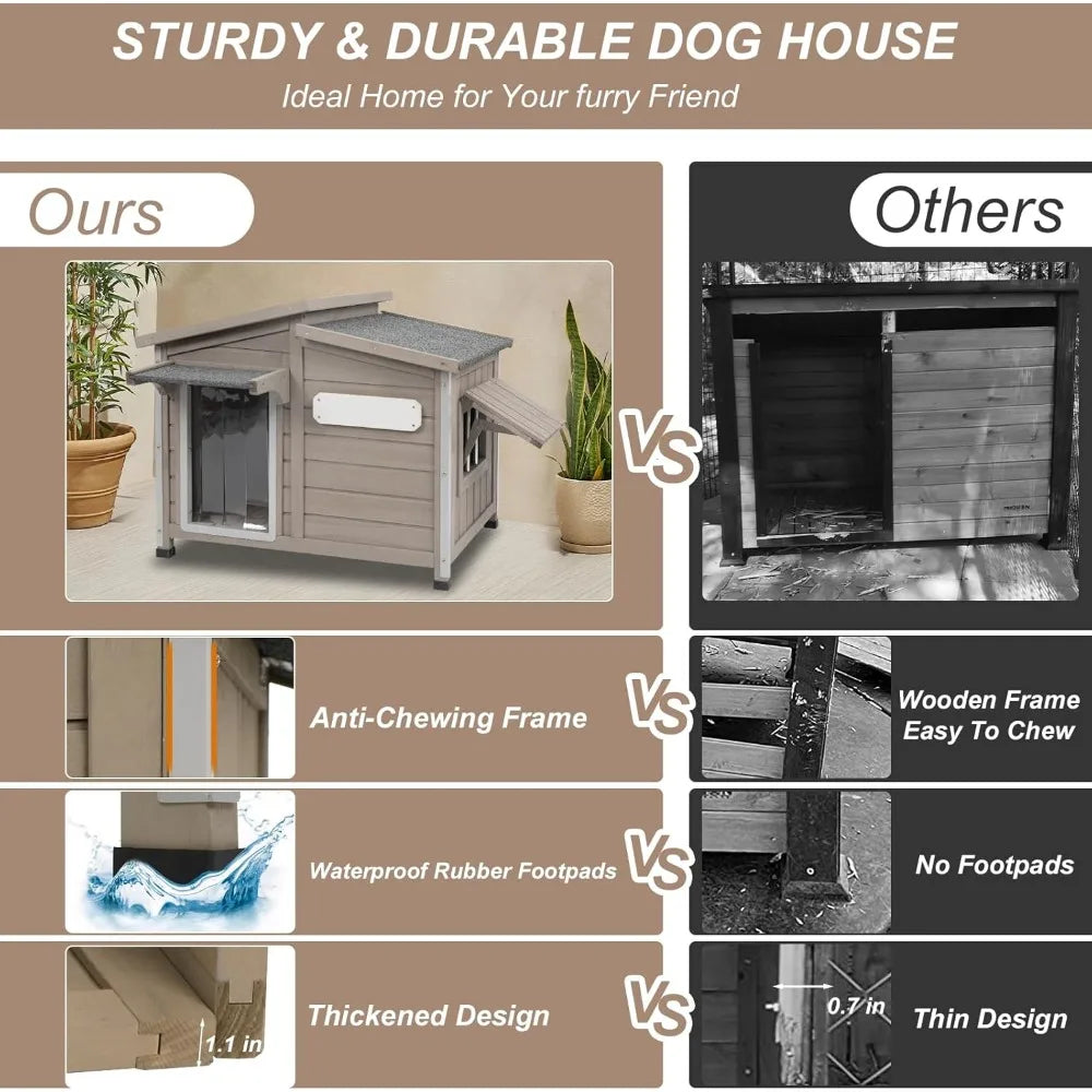 43" L Outdoor Extra Large Dog House with Removable Floor, Raised Feet, Anti-Chewing Iron Frame – Wooden Kennel with Asphalt Roof