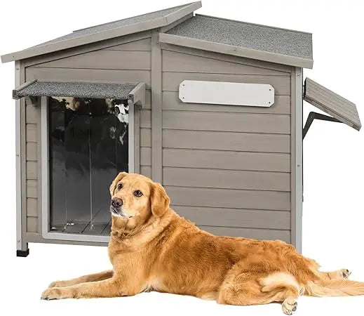 43" L Outdoor Extra Large Dog House with Removable Floor, Raised Feet, Anti-Chewing Iron Frame – Wooden Kennel with Asphalt Roof