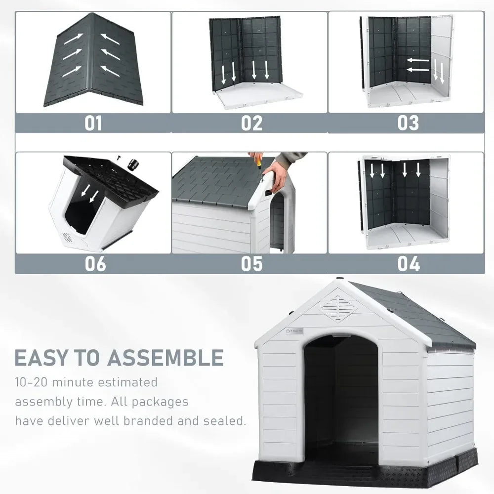 Durable Waterproof Plastic Dog House for Small to Large Sized Dogs, Indoor Outdoor Doghouse Puppy Shelter with Elevated Floor