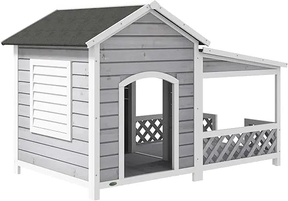Wooden Dog House Outdoor with Porch, Cabin Style Raised Dog Shelter with Asphalt Roof, Doors, and Shutter Window, for Medium La