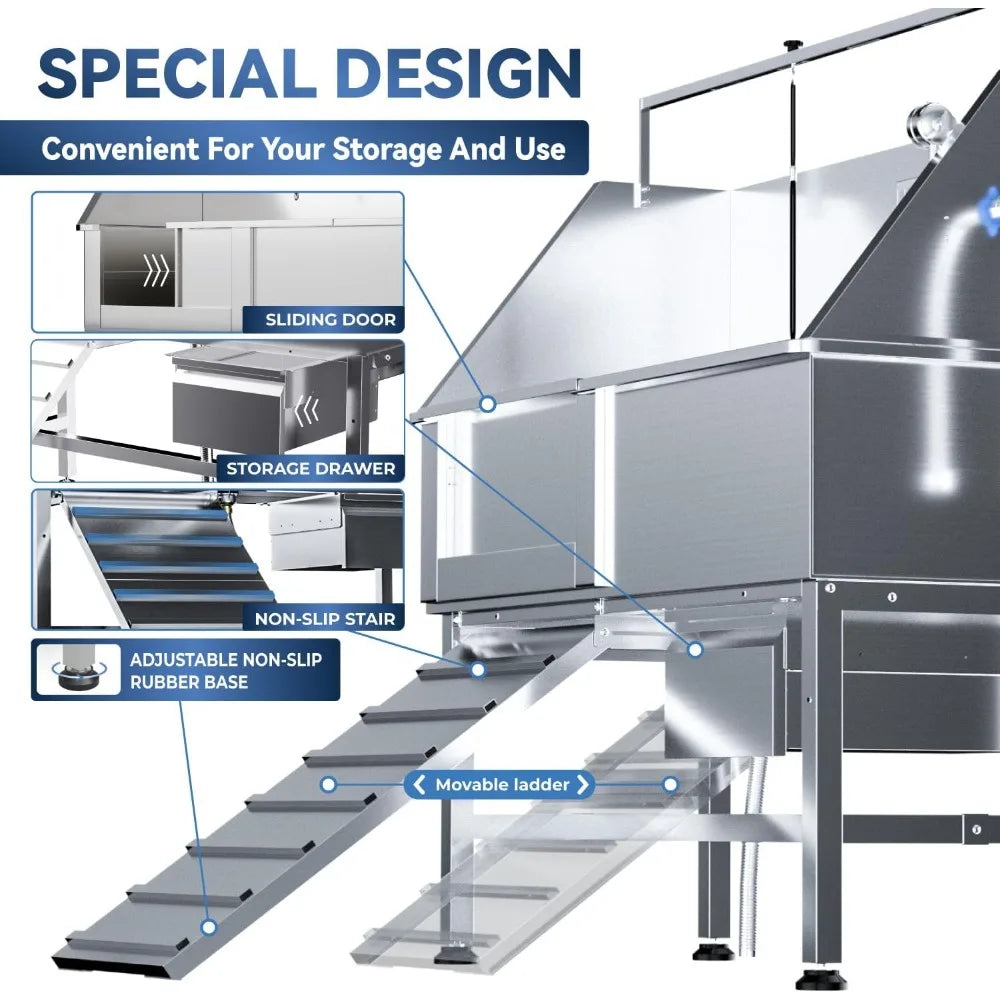 46" Dog Washing Station, Professional Stainless Steel Dog Bathtub w/Ramp & Storage Drawer, Adjustable Grate, Non-Slip Design, Pe