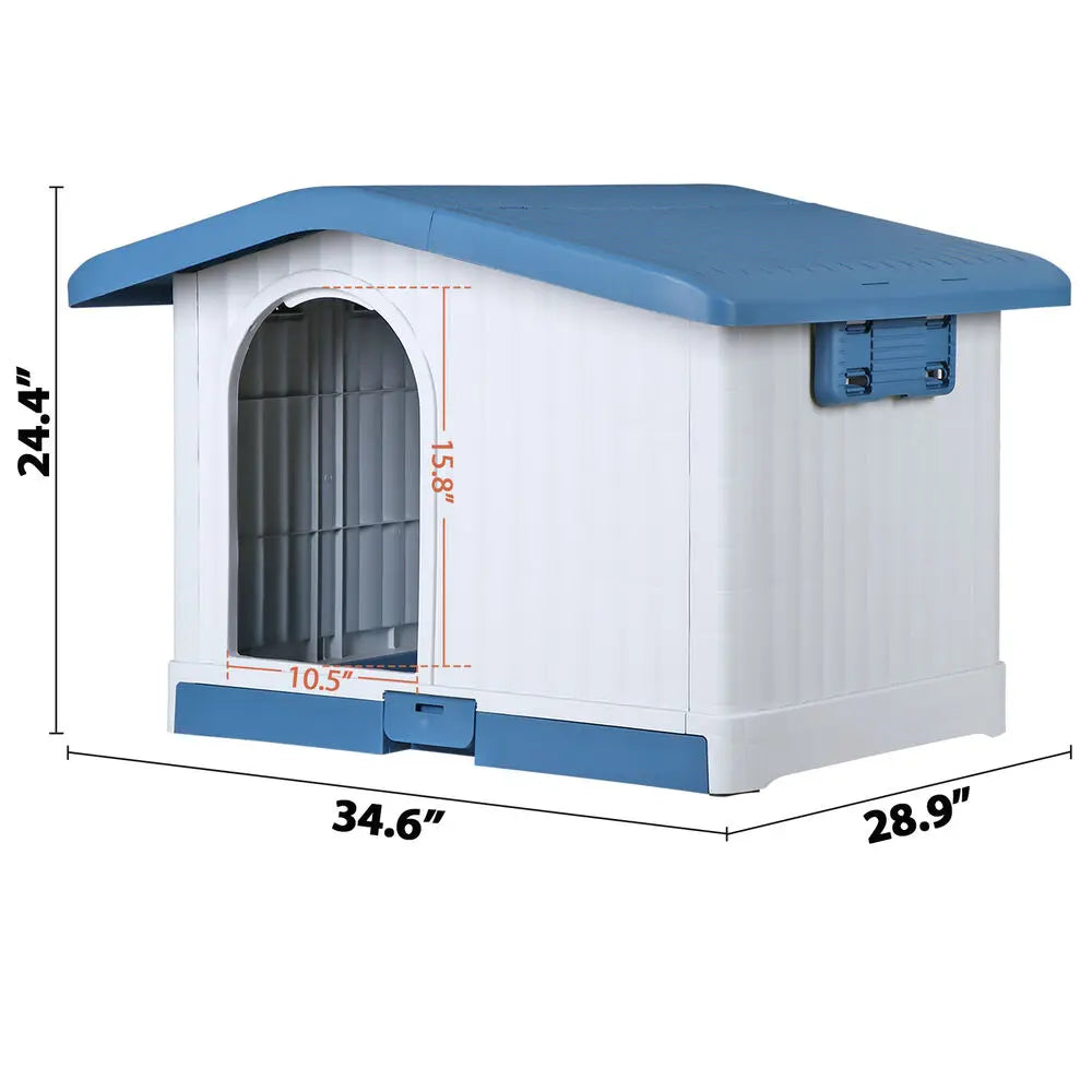 Large Plastic Dog House Puppy Shelter with Liftable Roof & Detachable Base Blue