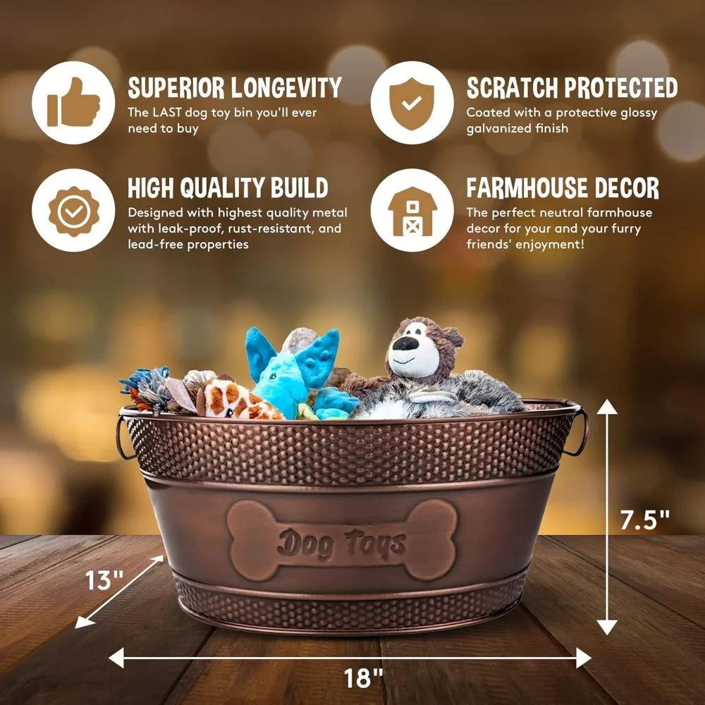 Indestructible Metal Dog Toy Bin - Copper Galvanized Storage Bin with Handles, Dog Toy Box for Dog Chew Toys