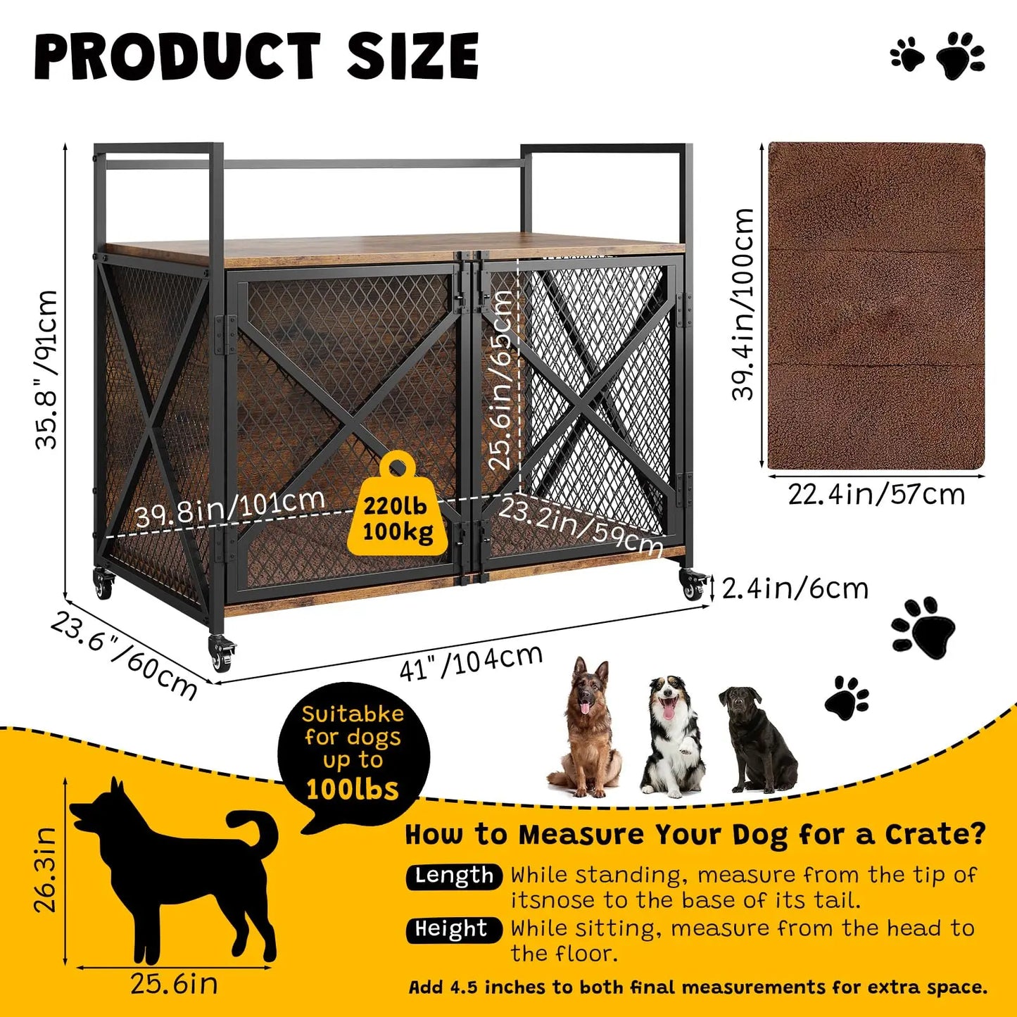 31/41Inch Dog Crate,Farmhouse Dog Kennnel Furniture with 360° Wheels,4 Latches,Large Heavy Duty Dog Cage End Table for Living Ro