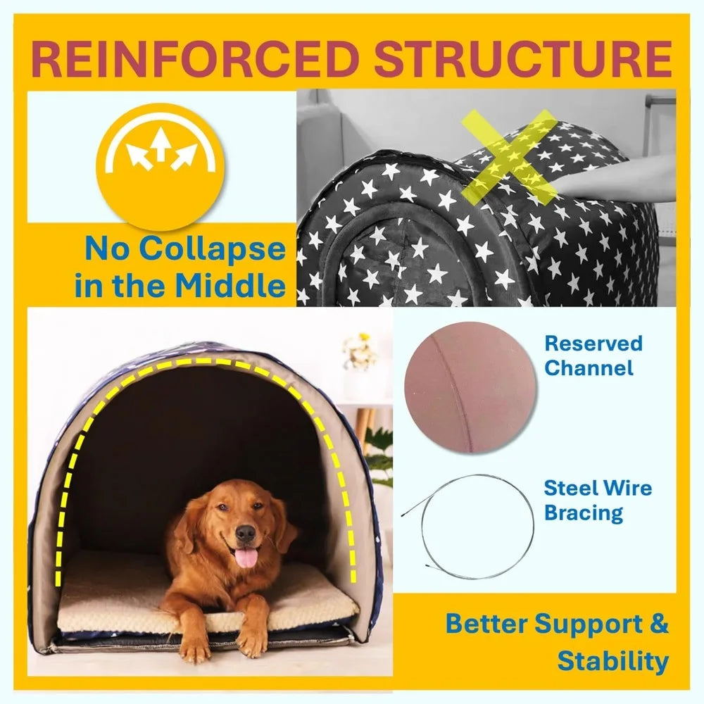 2 in 1 Extra Large Pet Winter House Convertible to Bed with Warm Cushion Mat, 2 Way Indoor Outdoor Warm Dog House Bed, Removable
