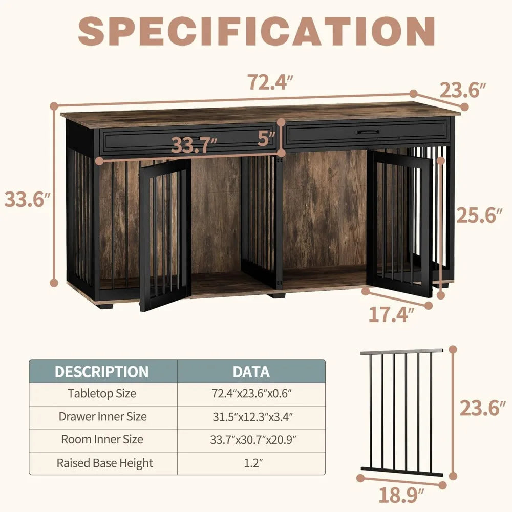 Large Dog Crate Furniture for 2 Dogs, 72.5" Indoor Heavy Duty Wooden Large Dog Kennel with Drawers & Divider, Indoor Furniture
