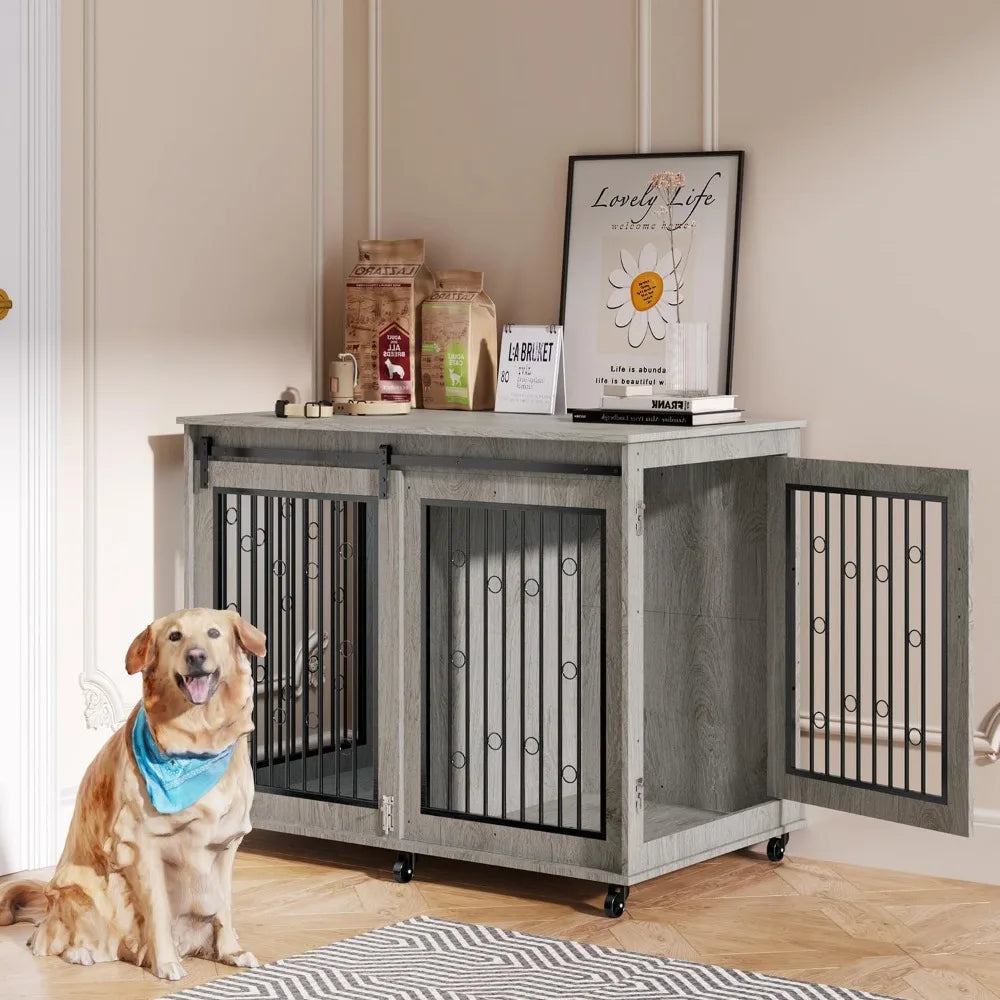 Large Dog Crate Furniture, 47" Wooden Dog Kennel with Sliding Barn Door, Flip-Top Lid & Wheels, Indoor Pet Crate Table with Det
