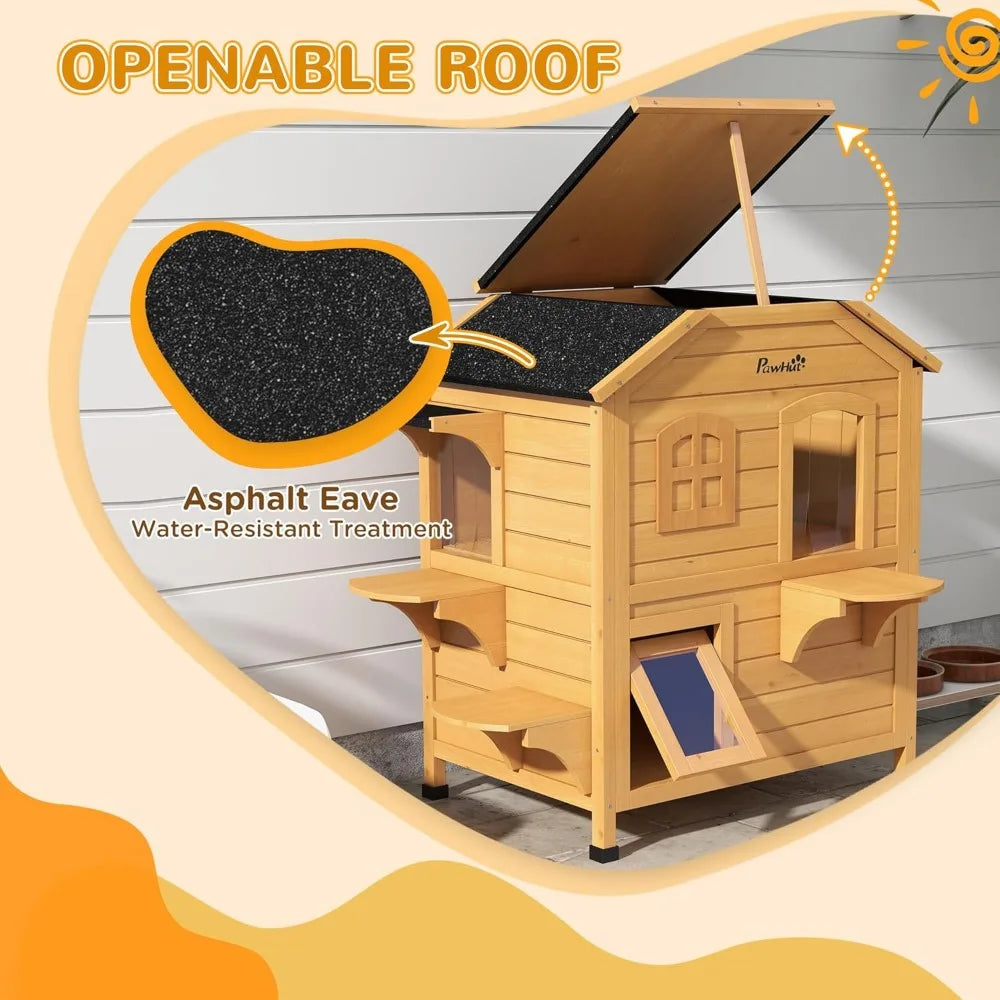2-Story Cat House Outdoor, Weatherproof Wooden Cat Enclosure for Feral Cats with Escape Door, Openable Roof, Jumping Platforms,
