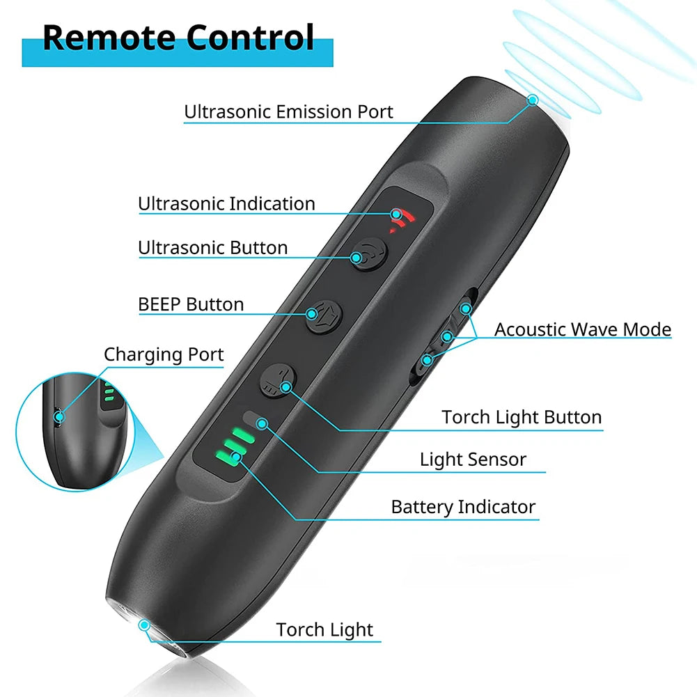 Ultrasonic Dog Repeller Rechargeable Plastic Dog Repellents with LED Flashlight Electronic Training Devices 3 Modes Pet Supplies