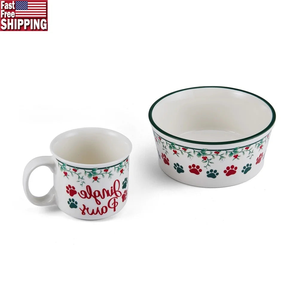Winterberry Porcelain Mug and Pet Bowl Set 18oz Dogs Jingle Paws Accents Dishwasher Microwave Safe 2-Piece Holiday Gift