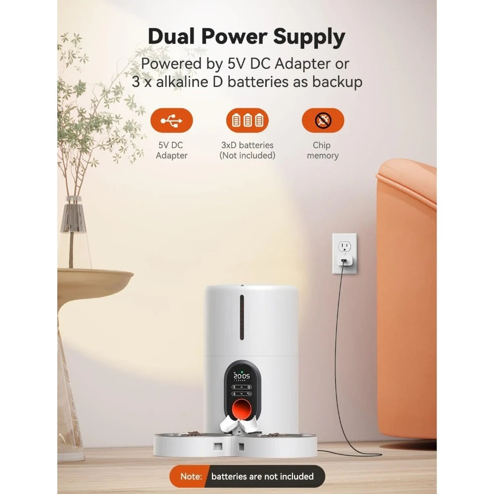 Dual Power Supply Auto Pet Feeder for Cats and Dogs ,Timed Cat Feeder with Stainless Steel Bowl, Programmable 1-6 Meals Control