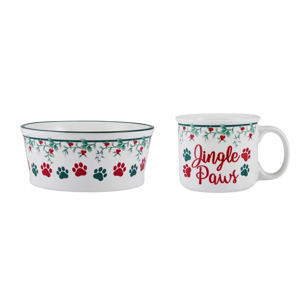 Winterberry Porcelain Mug and Pet Bowl Set 18oz Dogs Jingle Paws Accents Dishwasher Microwave Safe 2-Piece Holiday Gift