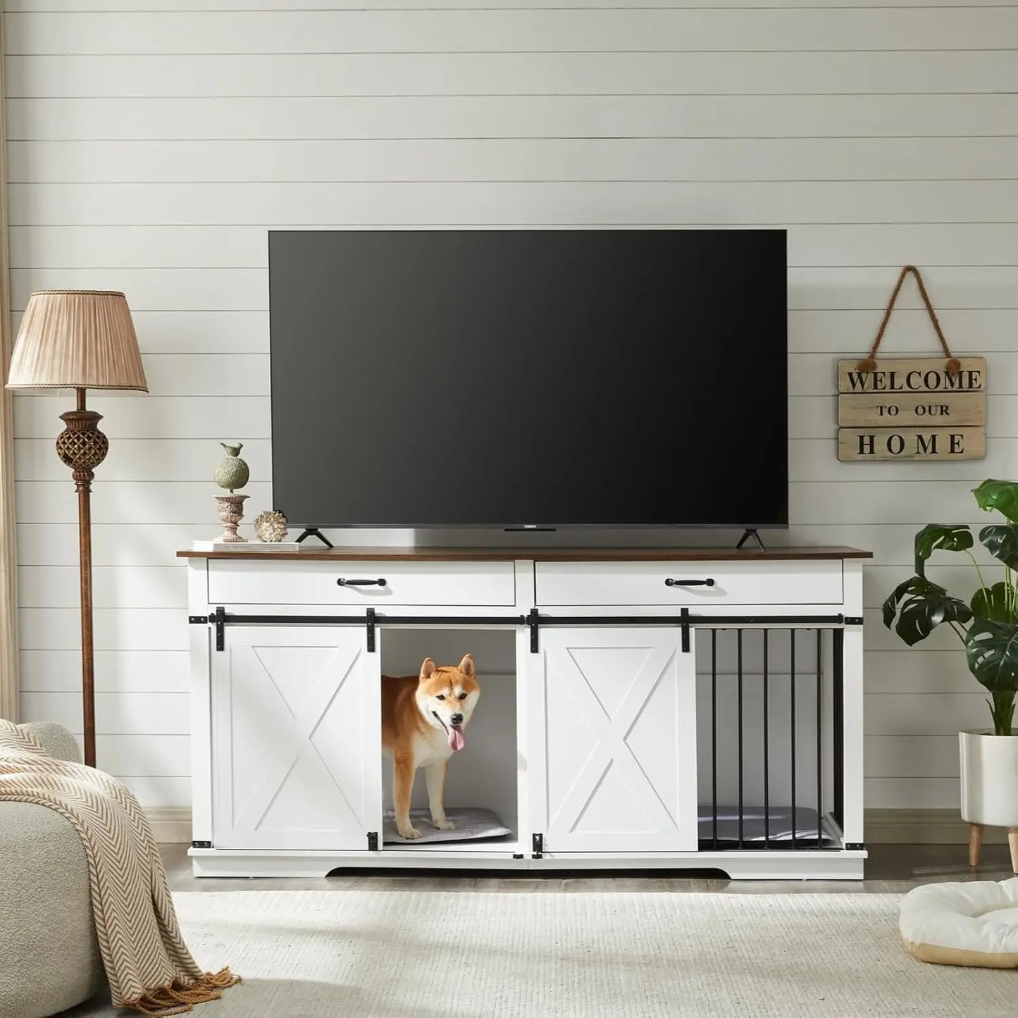 72.5" Large Dog Crate Furniture for 2 Dogs, Wooden Dog Kennel with Drawers, Sliding Barn Door, Style Double Dog Crates, White